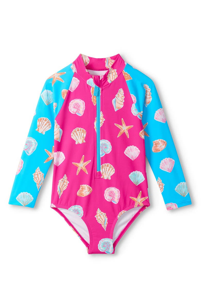 Hatley Kids' Ocean Shells Long Sleeve One-Piece Rashguard Swimsuit, Main, color, Rose Violet