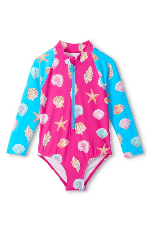 Kids' Ocean Shells Long Sleeve One-Piece Rashguard Swimsuit (Little Kid & BIg Kid)