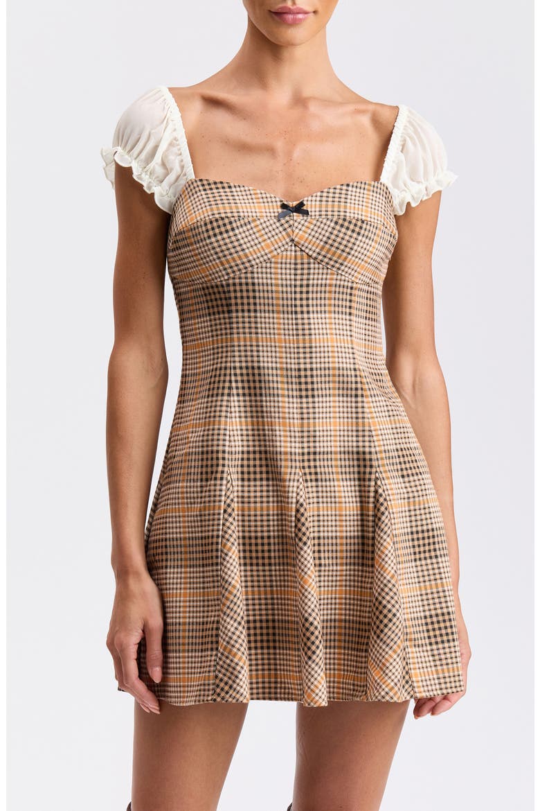 Puff Sleeve Godet Minidress, Alternate, color, NEUTRAL ORANGE GLENPLAID