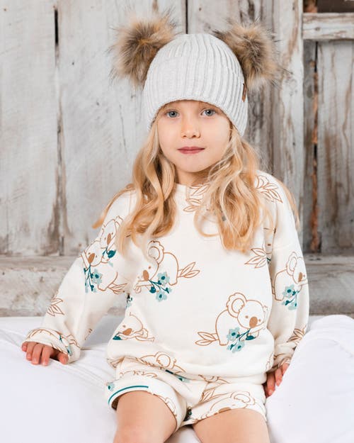 Deux Par Deux Girl's Printed French Terry Sweatshirt Off-white And Koala In Off-white And Koala