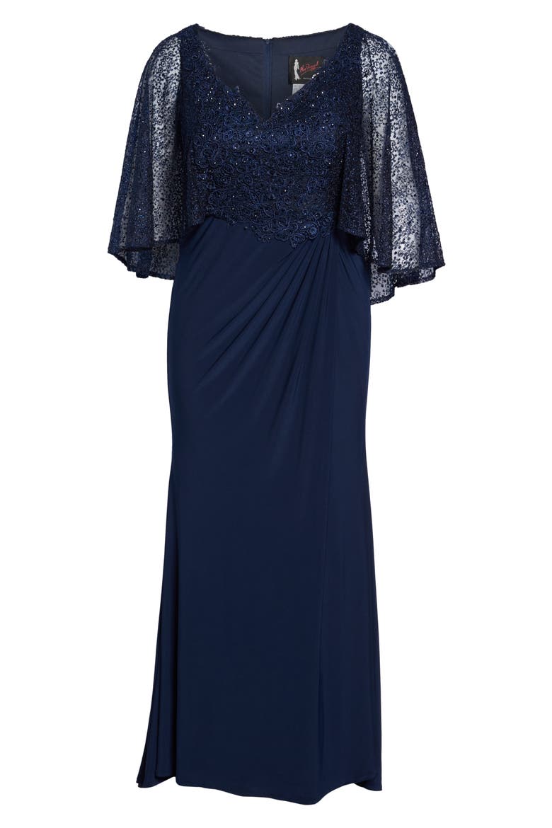 Beaded Lace Capelet Column Gown, Alternate, color, MIDNIGHT