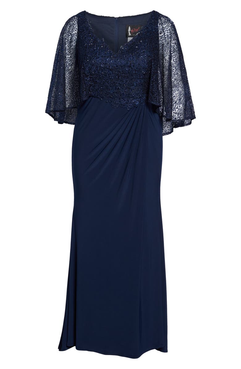 Mac Duggal Beaded Lace Capelet Column Gown, Alternate, color,