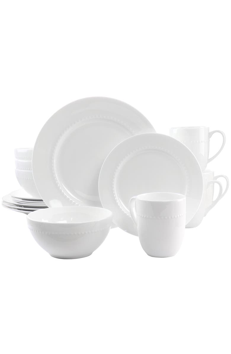 Gibson Elite 16 Piece Embossed Bone China Dinnerware Set, Main, color, White