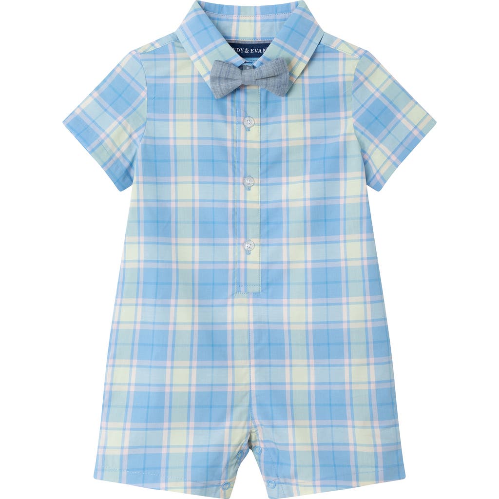 Andy & Evan Cotton Romper & Bow Tie Set In Plaid Blue
