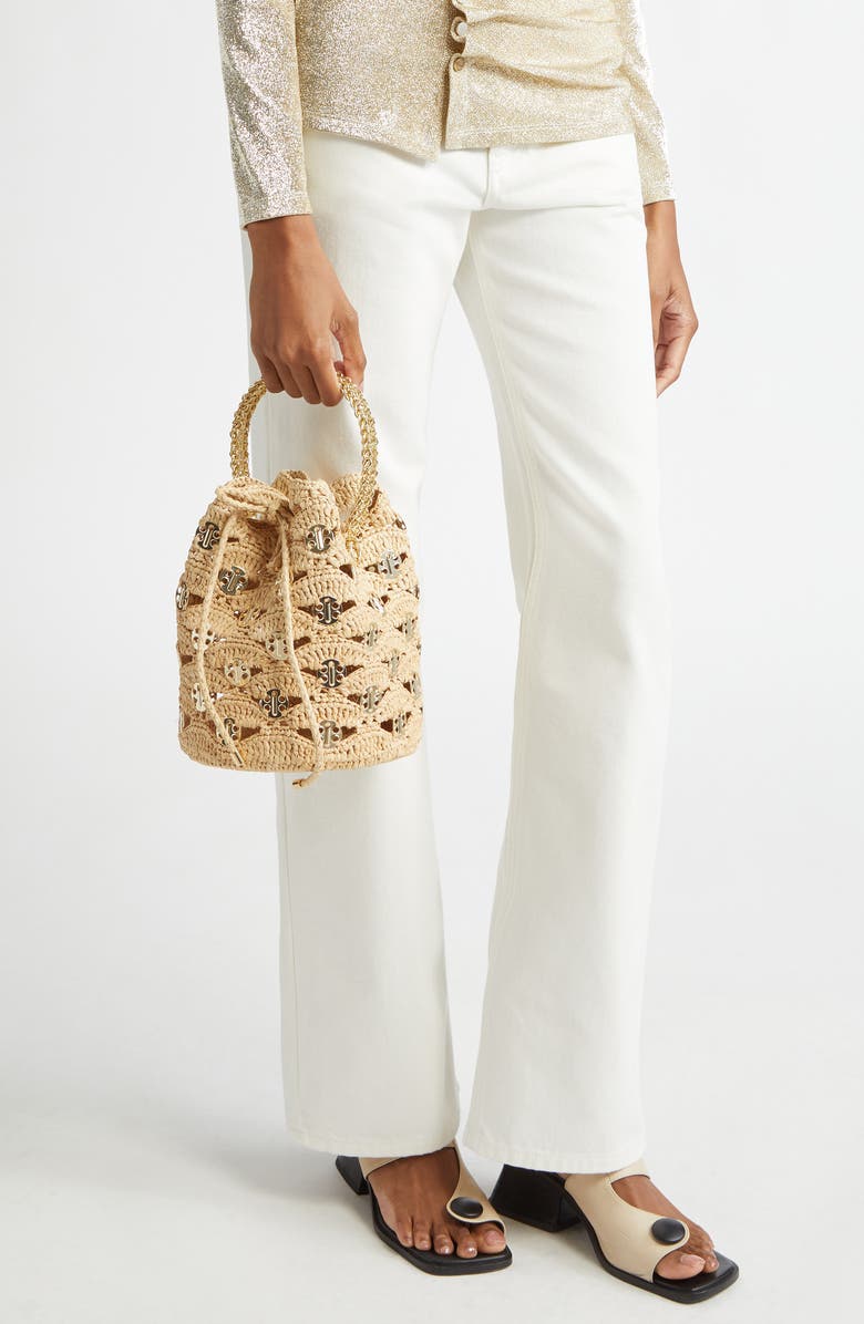 Rabanne Paco Wave Raffia Bucket Bag, Alternate, color, Natural / Light Gold