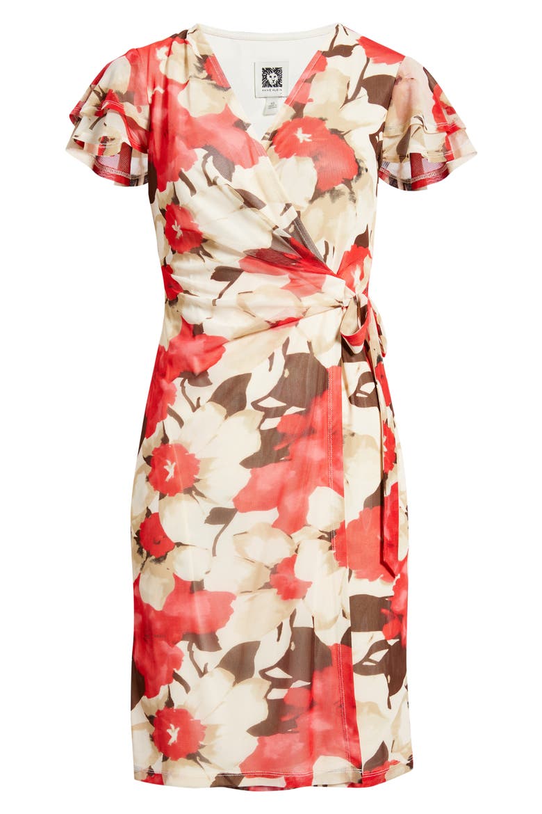 Floral Print Flutter Sleeve Wrap Dress, Alternate, color, WHITE DOVE MULTI