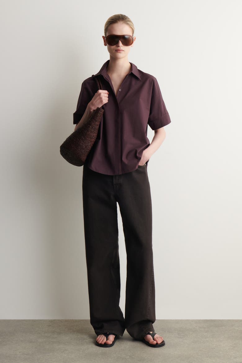 Oversized Short-sleeved Cotton Shirt, Alternate, color, PLUM