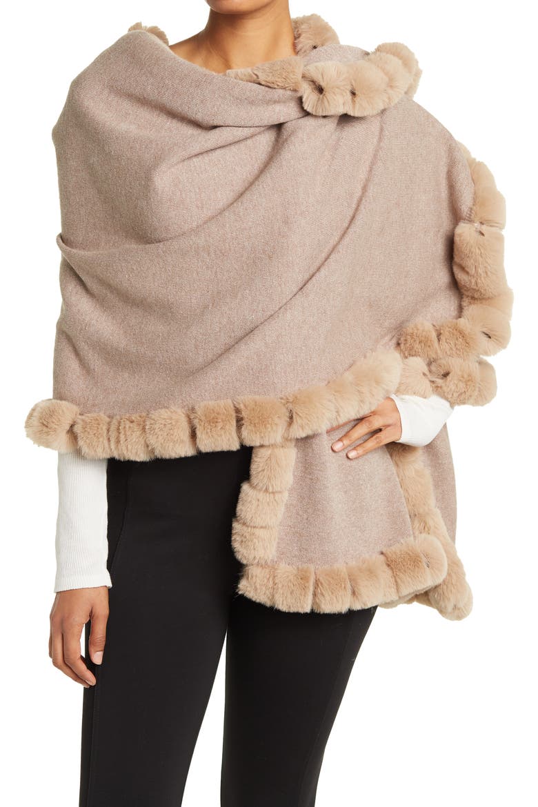 Faux Fur Trim Wrap Scarf, Main, color, OATMEAL
