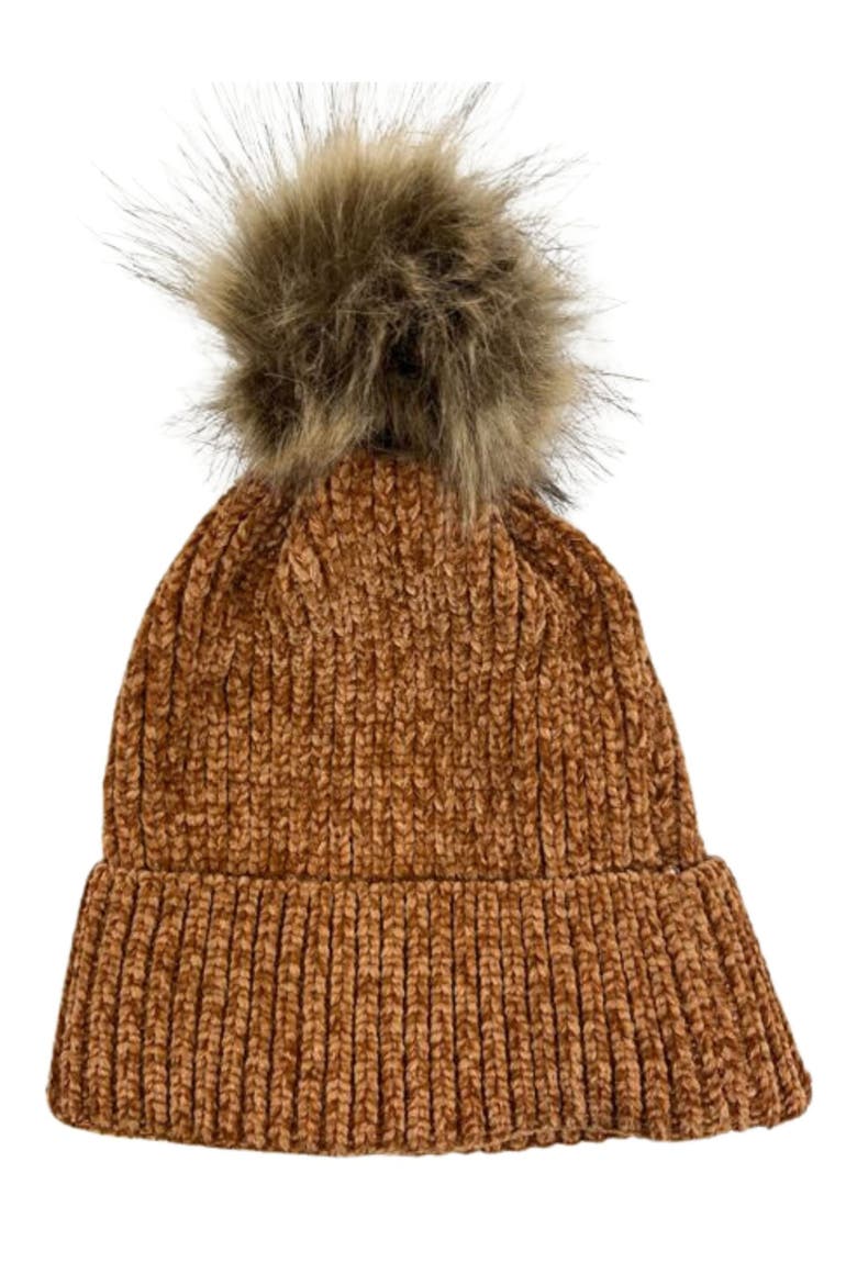Chenile Faux Fur Pompom Beanie, Main, color, CAMEL