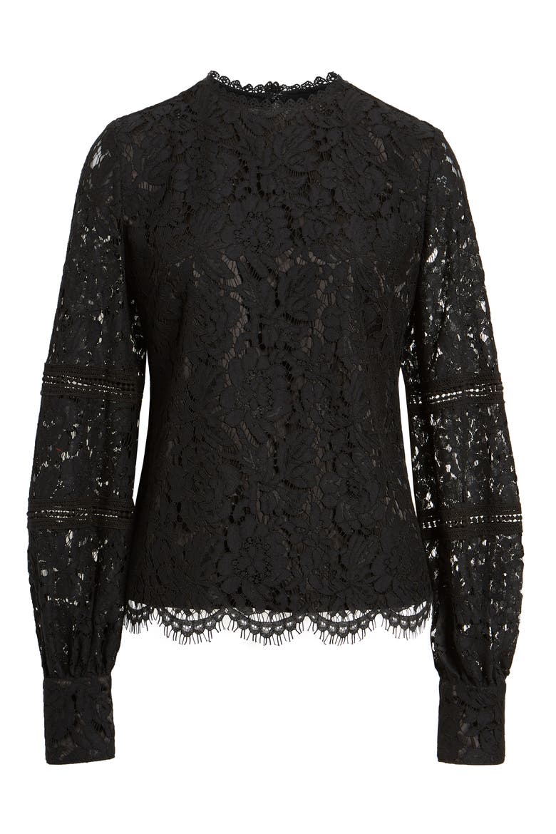 Bishop Sleeve Scalloped Lace Top, Alternate, color, BLACK