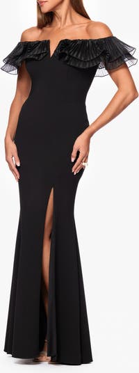 Off the Shoulder Organza & Scuba Crepe Gown