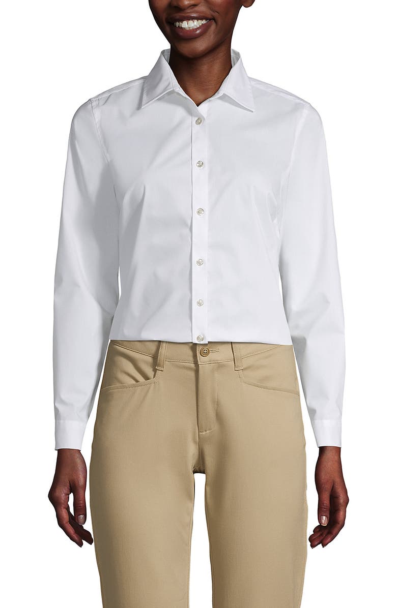 Lands
 End School Uniform  No Gape Long Sleeve Stretch Shirt, Main, color, Pearl White