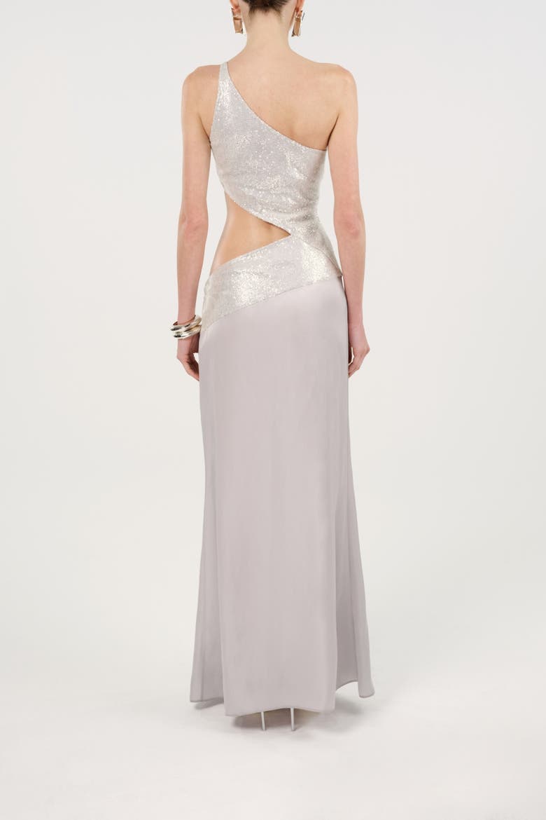Sequin One Shoulder Cutout Maxi Dress, Alternate, color, Metallic Silver