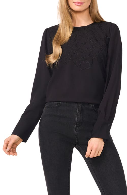 Cece Floral Embroidery Long Sleeve Crepe Shirt In Rich Black