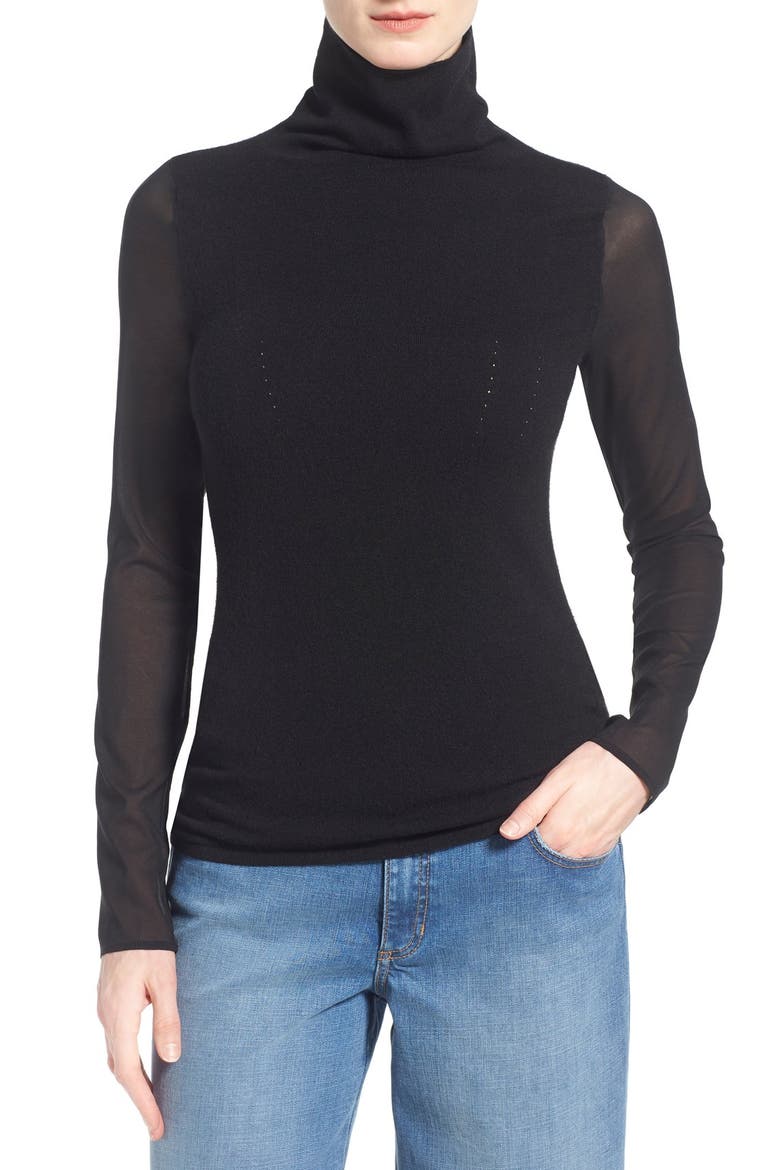 Silk Sleeve Turtleneck Sweater, Main, color, BLACK