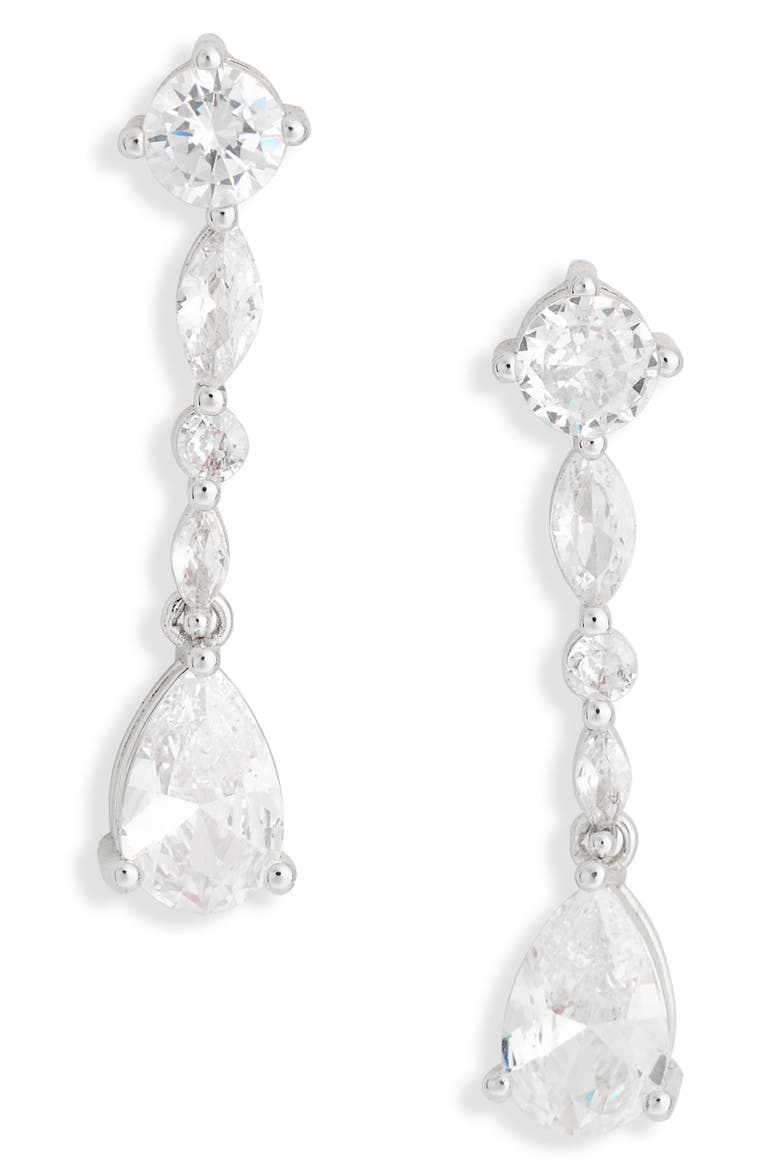 Mixed Cubic Zirconia Linear Drop Earrings, Main, color, CLEAR- SILVER