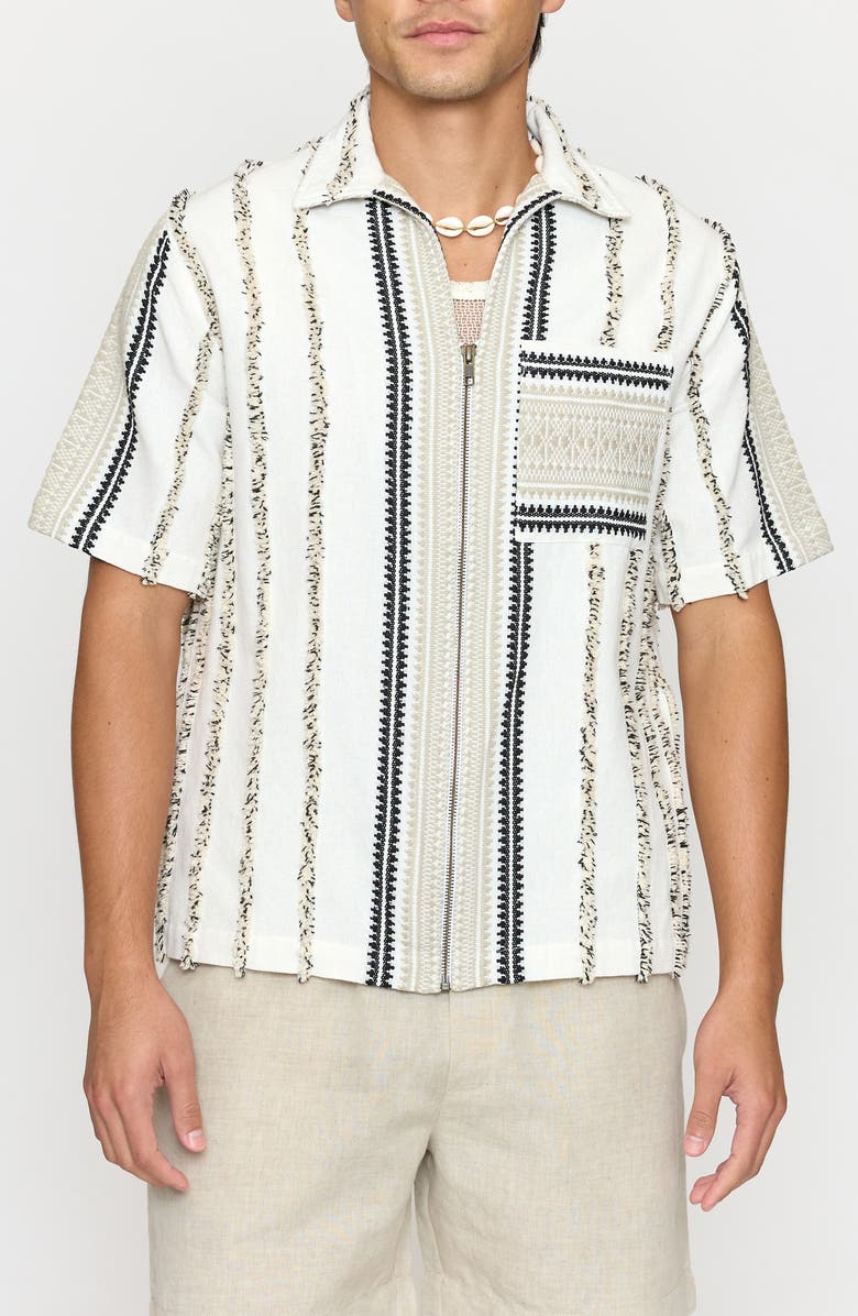 Raga Stripe Embroidered Cotton Short Sleeve Zip-Up Shirt, Main, color, Eggshell