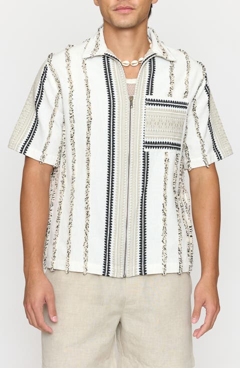 Stripe Embroidered Cotton Short Sleeve Zip-Up Shirt