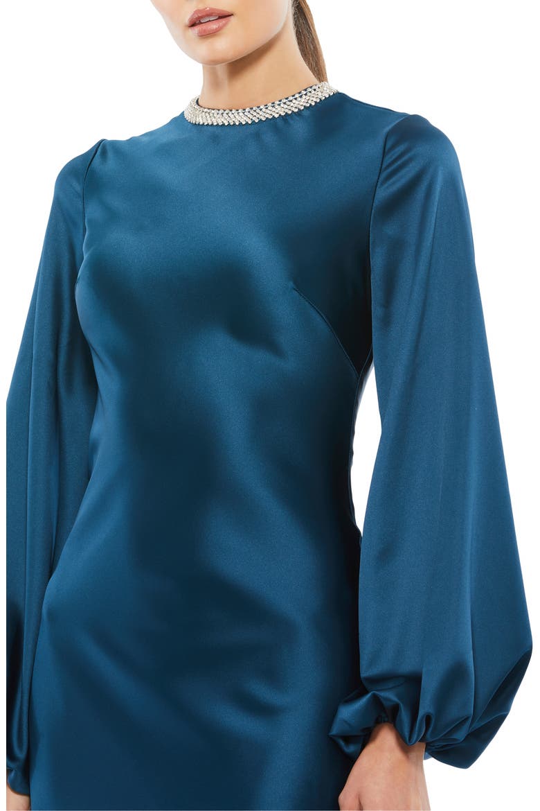 Beaded High Neck Bishop Sleeve Satin Gown, Alternate, color, SAPPHIRE