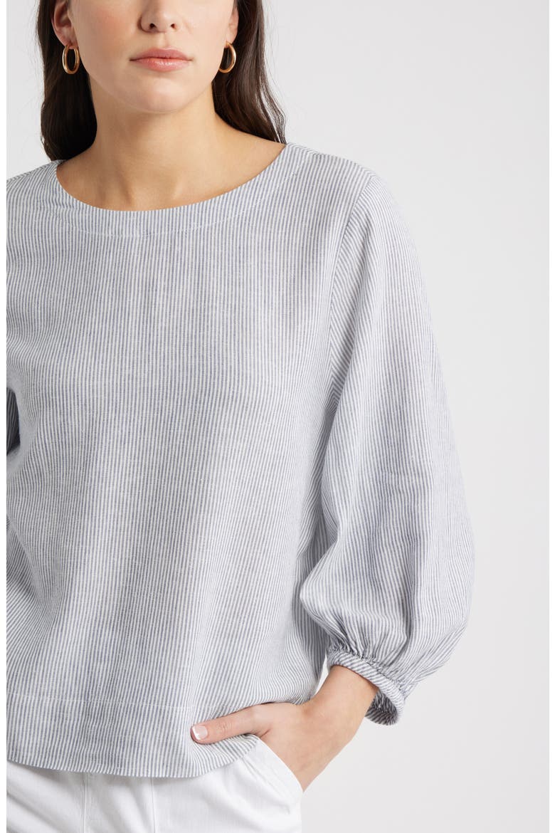 Balloon Sleeve Linen Blend Top, Alternate, color, BLUE VINTAGE LEAH STRIPE