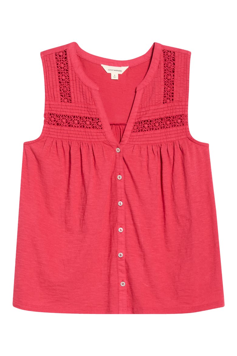 Lace Inset Cotton Button-Up Tank, Alternate, color, DEEP CLARET