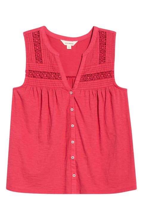 Lace Inset Cotton Button-Up Tank