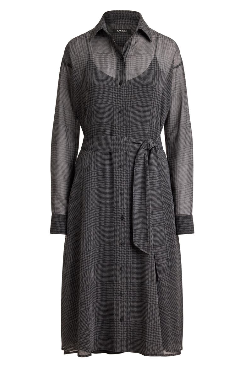Plaid Belted Chiffon Midi Shirtdress, Alternate, color, GREY