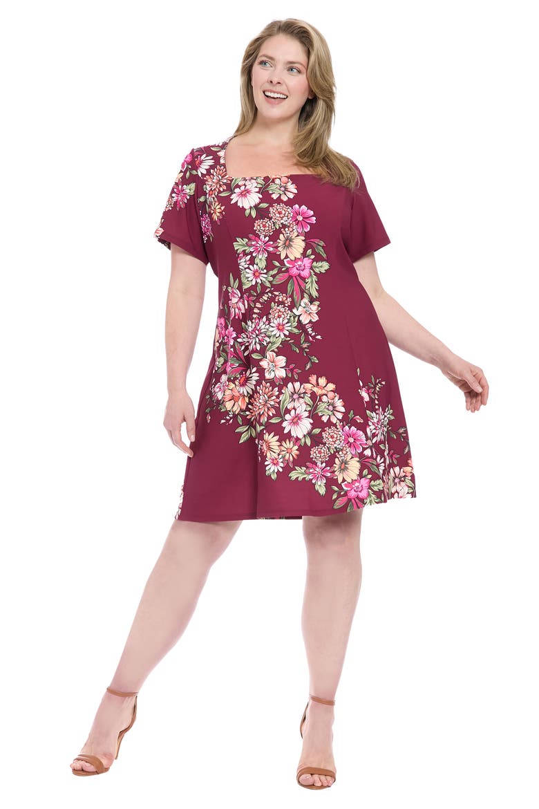 Floral Short Sleeve Fit & Flare Dress, Alternate, color, PLUM/ BROOT