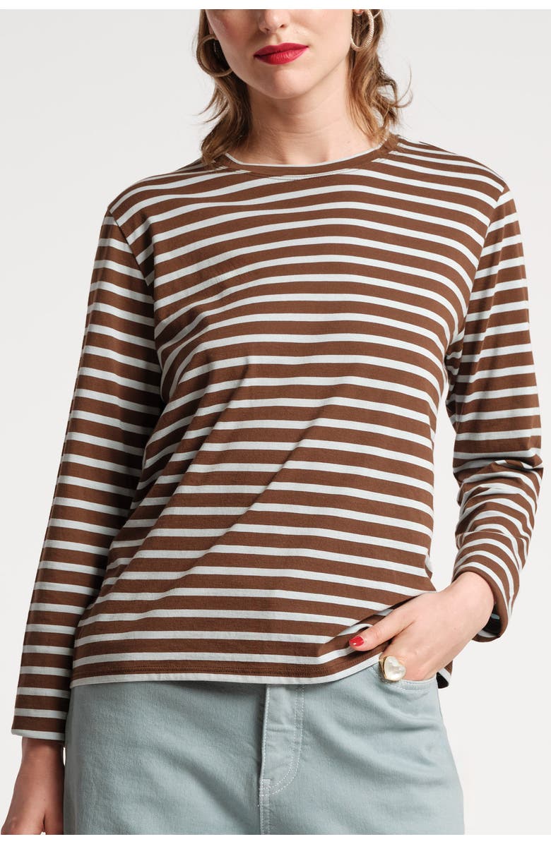Frances Valentine Long Sleeve Striped Tee Shirt Stripe 100% Pima Cotton, Main, color, Chocolate/Light Blue
