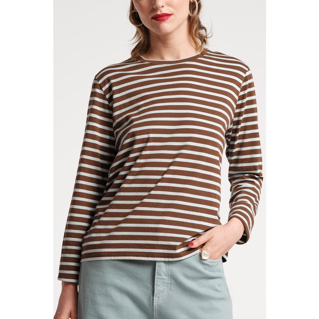 Frances Valentine Long Sleeve Striped Tee Shirt Stripe 100% Pima Cotton in Chocolate/light Blue