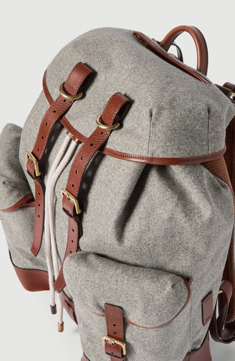 Brunello Cucinelli Virgin wool, alpaca and cashmere flannel field backpack with grained calfskin inserts, Alternate, color, Medium Grey