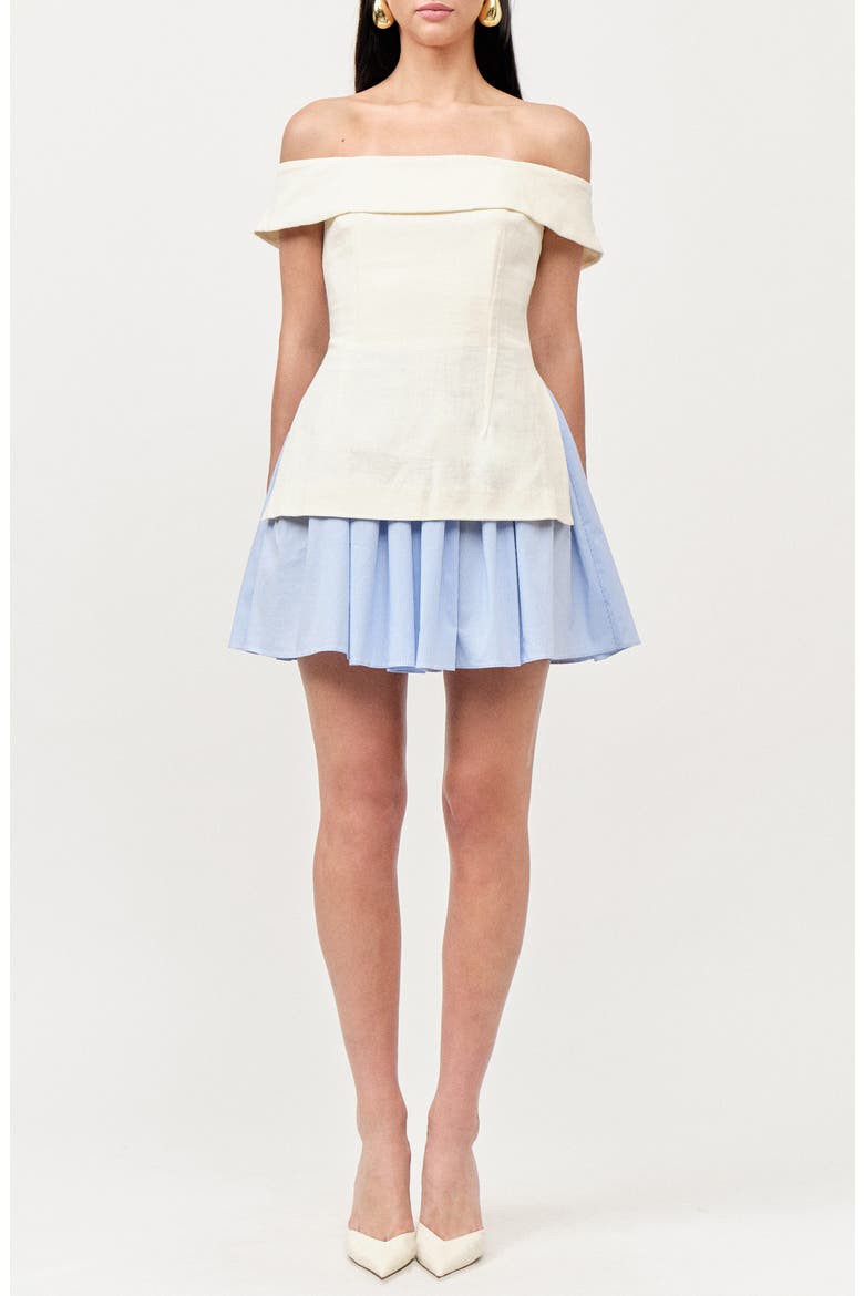 Grace Off the Shoulder Mixed Media Minidress, Main, color, IVORY BLUE STRIPE