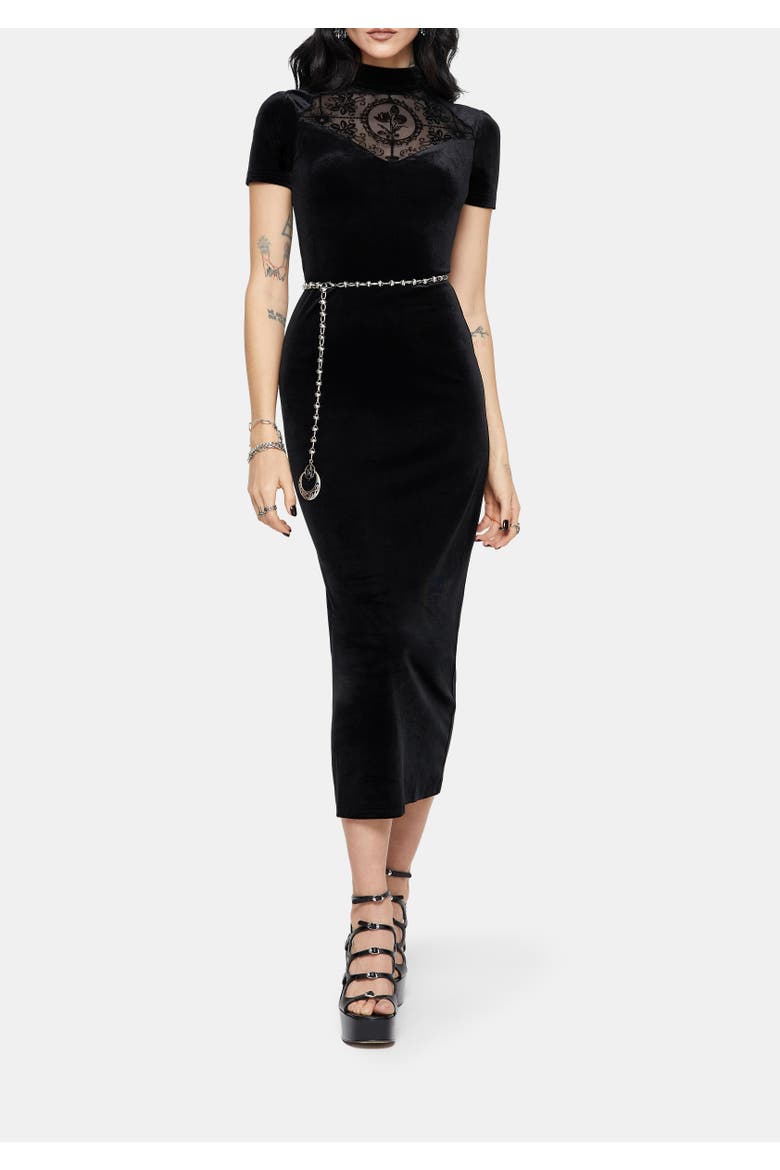 Cameo Flocked Mesh Insert Midi Dress, Alternate, color, Black