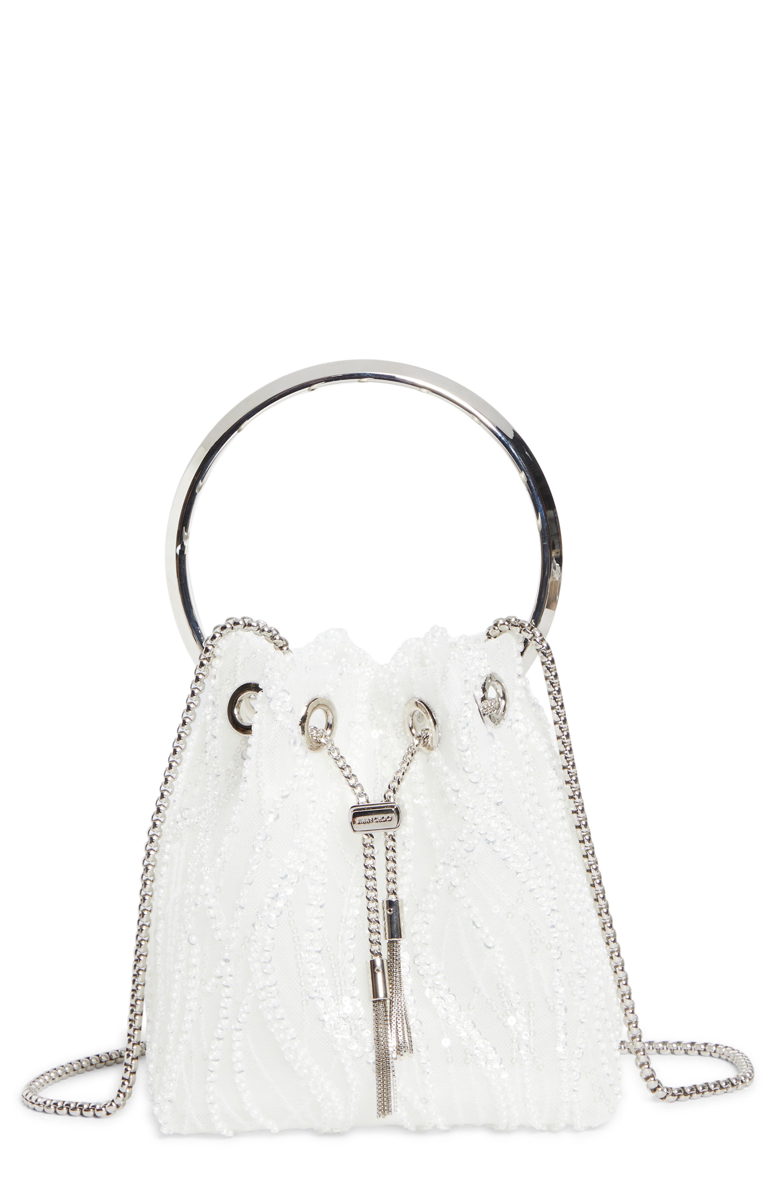 Jimmy Choo Bon Bon Sequin Mesh Pouch, Main, color, Ivory/ Silver