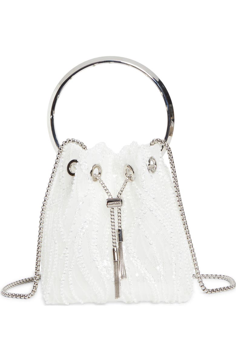 Jimmy Choo Bon Bon Sequin Mesh Pouch, Main, color, Ivory/ Silver