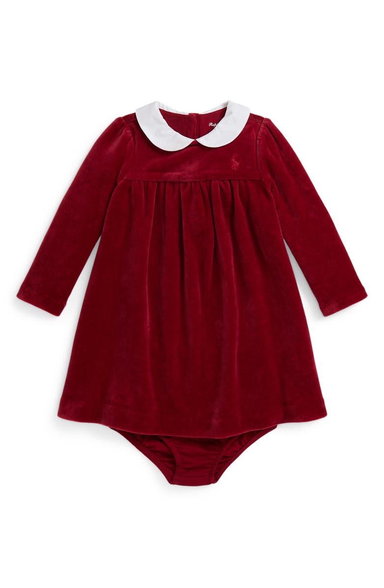 Ralph Lauren Long Sleeve Velour Dress & Bloomers, Main, color, Red