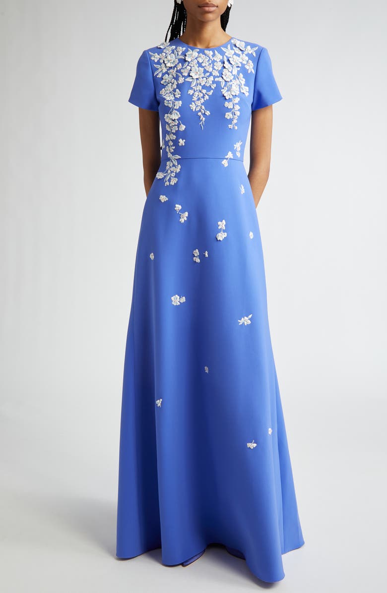 Carolina Herrera Floral Embroidered Stretch Crepe Gown with Bows, Main, color, Delphinium Mult