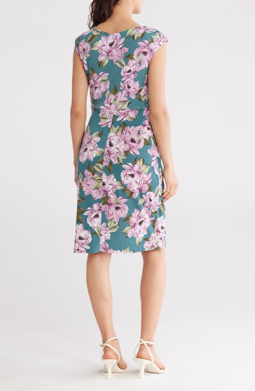 Connected Apparel Floral Cap Sleeve Ruched Faux Wrap Dress In Seafoam