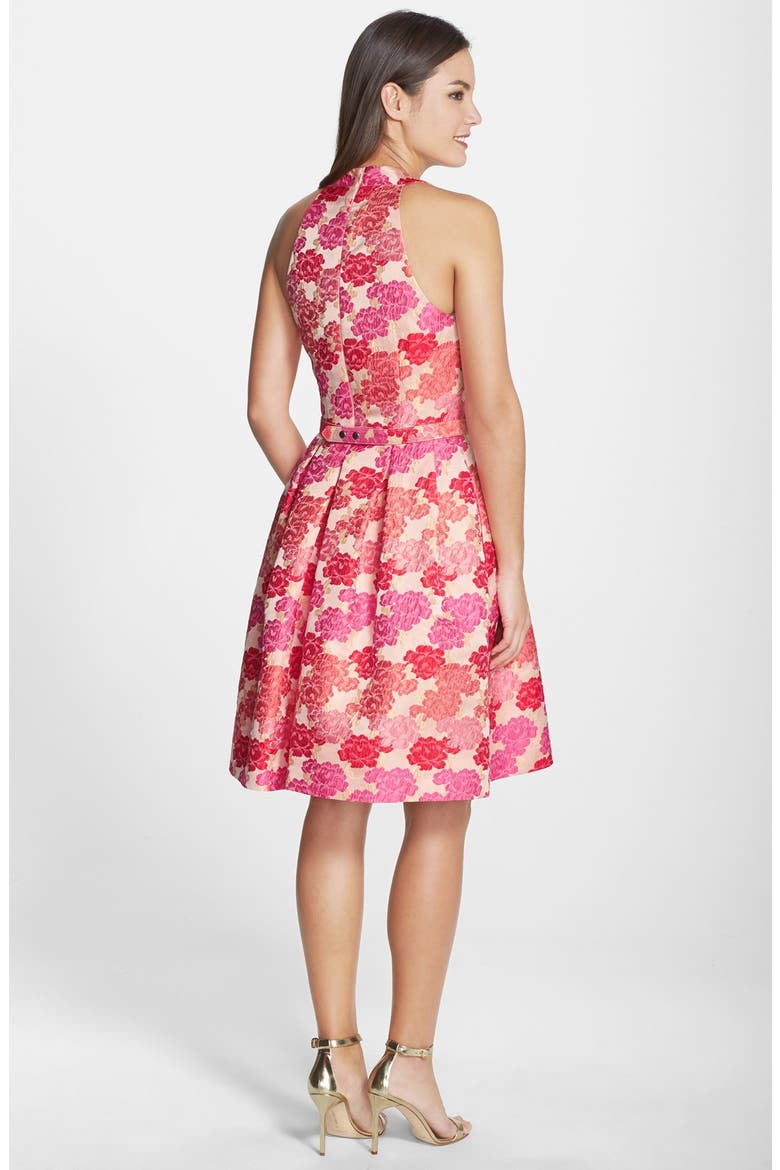 Embellished Jacquard Fit & Flare Dress, Alternate, color, CORAL