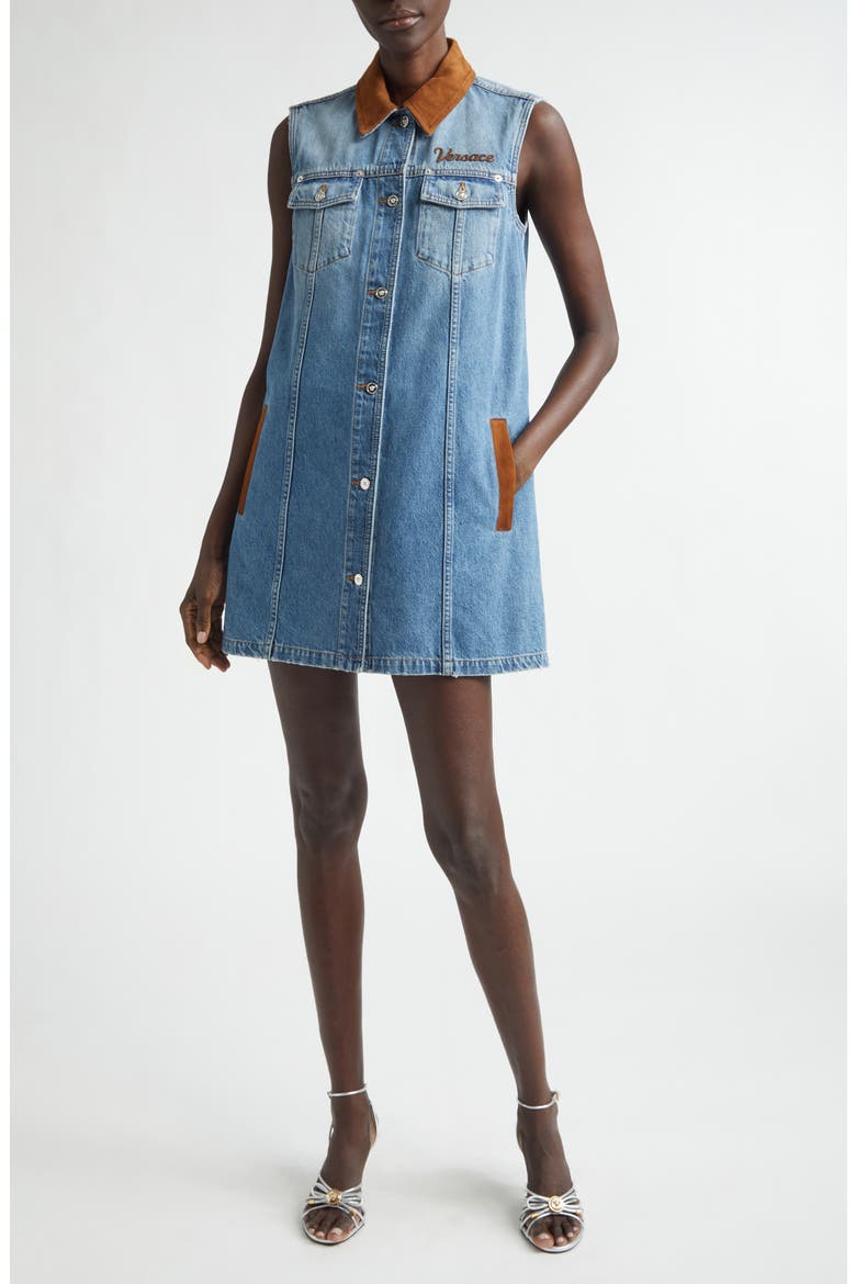 Suede Trim Denim Shirtdress, Main, color, MEDIUM BLUE
