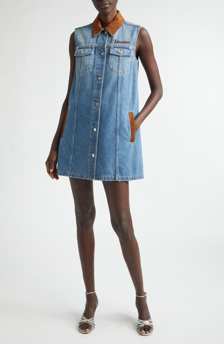 Versace Suede Trim Denim Shirtdress, Main, color, Medium Blue