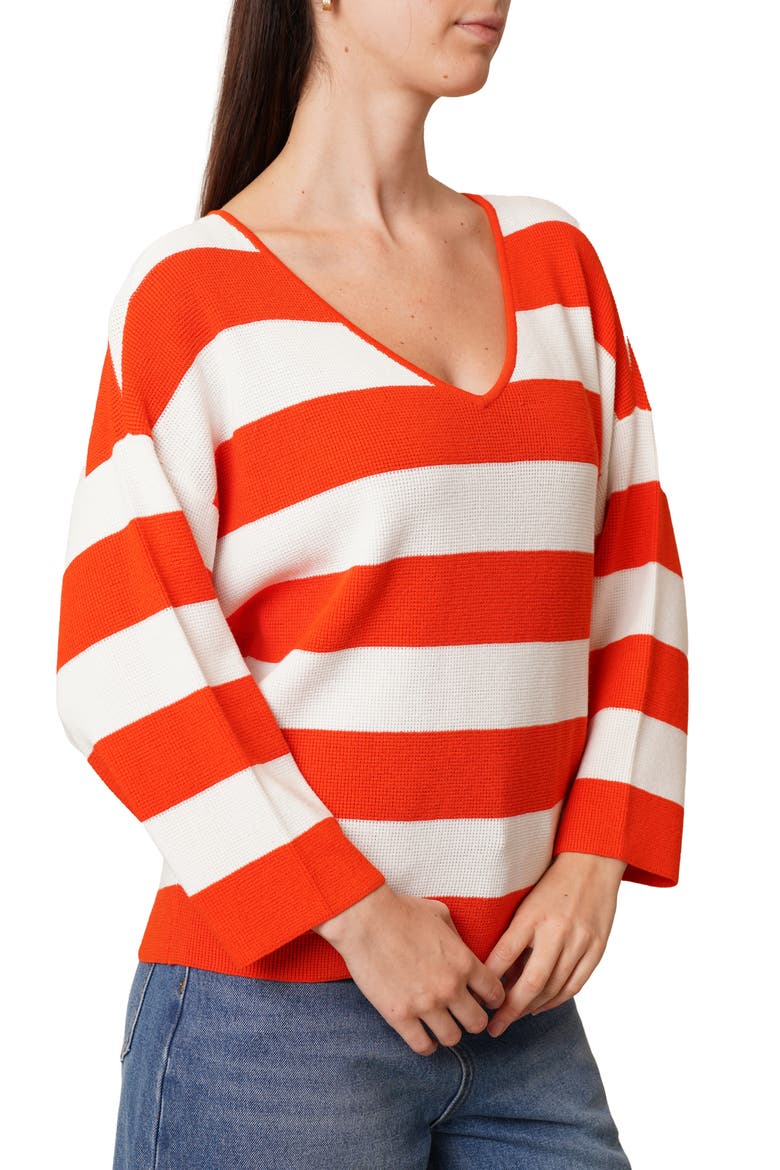 Stripe V-Neck Waffle Knit Sweater, Alternate, color, TANGERINE TANGO/ BRIGHT WHITE