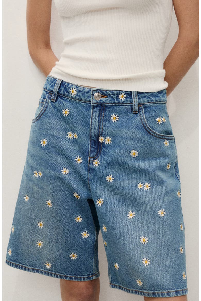 Floral Embroidered High Waist Denim Bermuda Shorts (Women) | Nordstrom