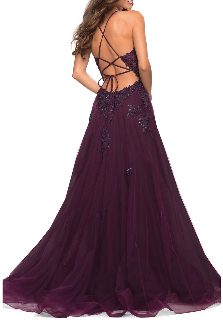 Tulle A-line Dress with Jeweled Lace Appliques, Alternate, color, DARK BERRY