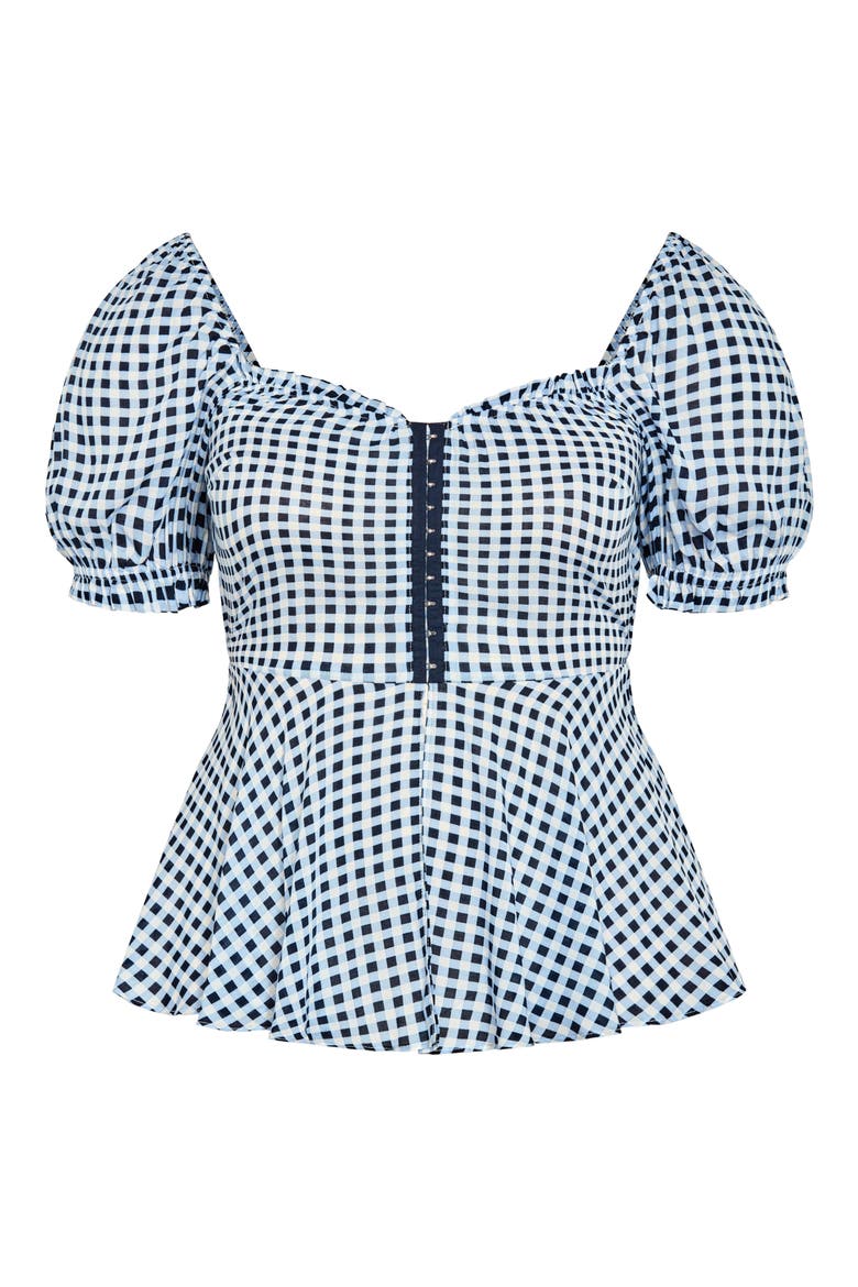 Isobel Gingham Puff Sleeve Peplum Top, Alternate, color, NAVY CHECK