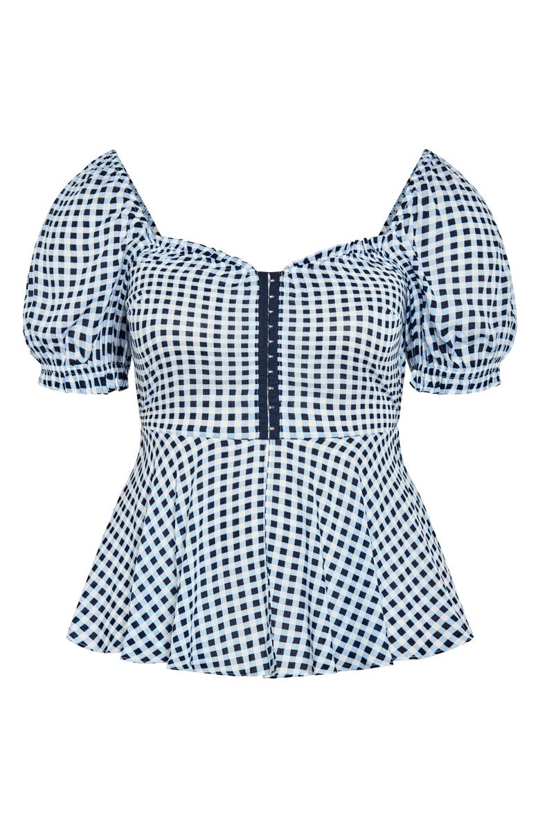 City Chic Isobel Gingham Puff Sleeve Peplum Top, Alternate, color, Navy Check