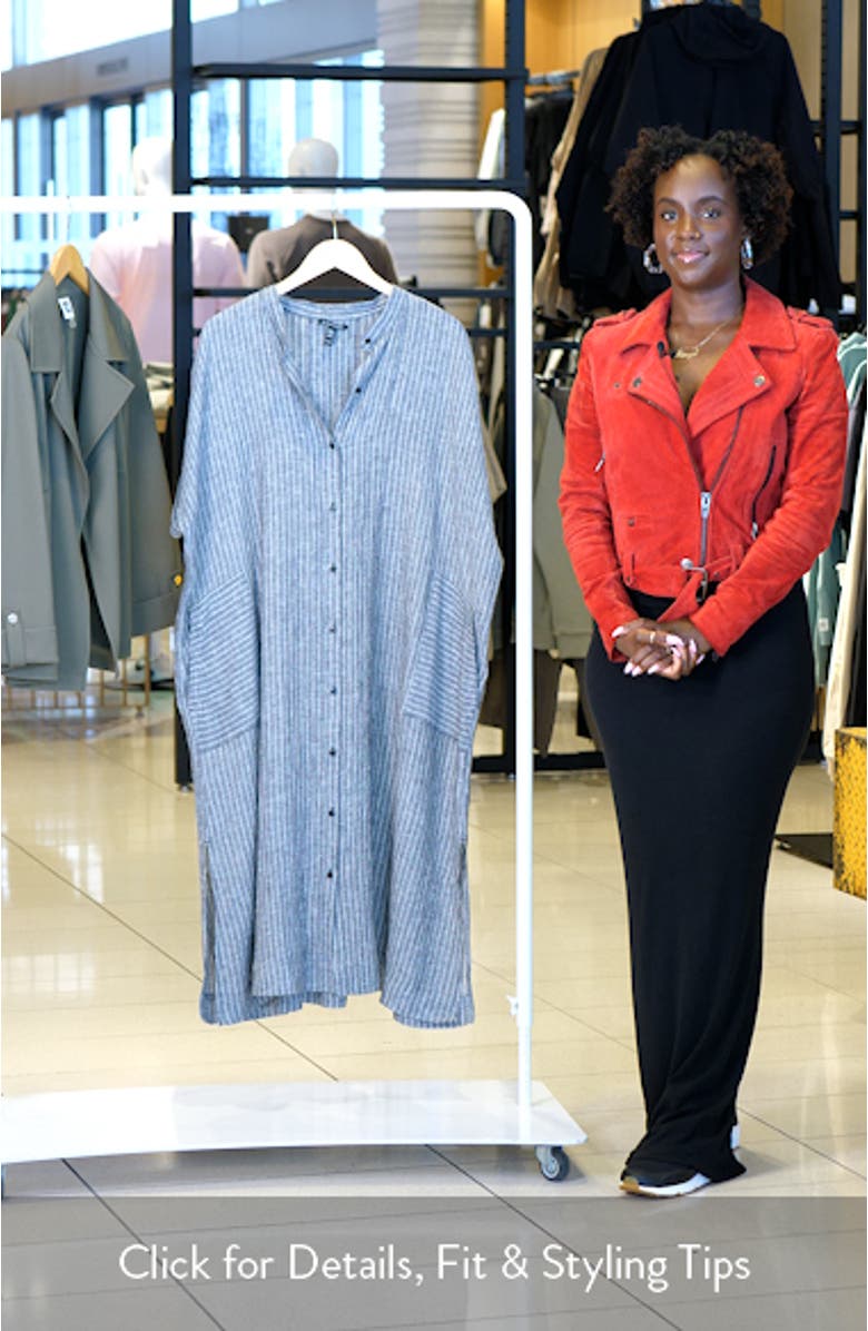 Pinstripe Short Sleeve Organic Linen Shift Dress, sales video thumbnail