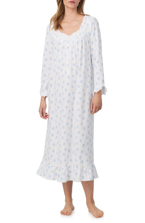 Eileen West Long Sleeve Stretch Cotton Pointelle Ballet Nightgown in White/Ditsy Floral 