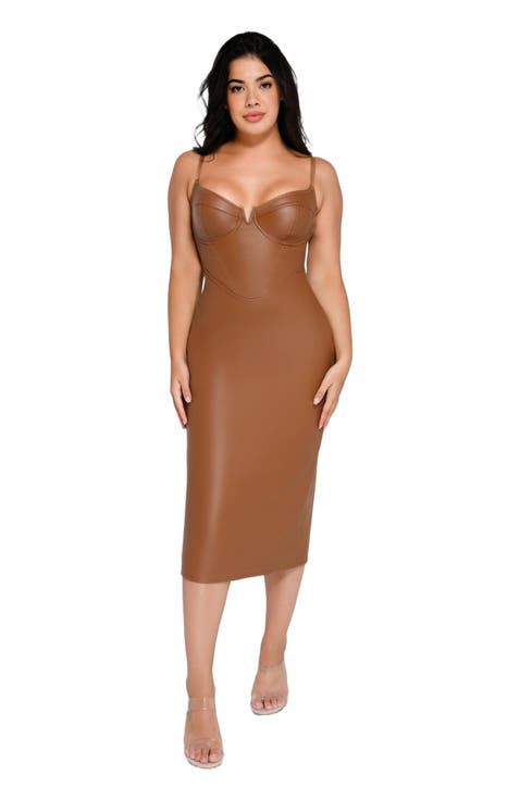 Shapewear Faux Leather Hourglass Corset Midi Dress