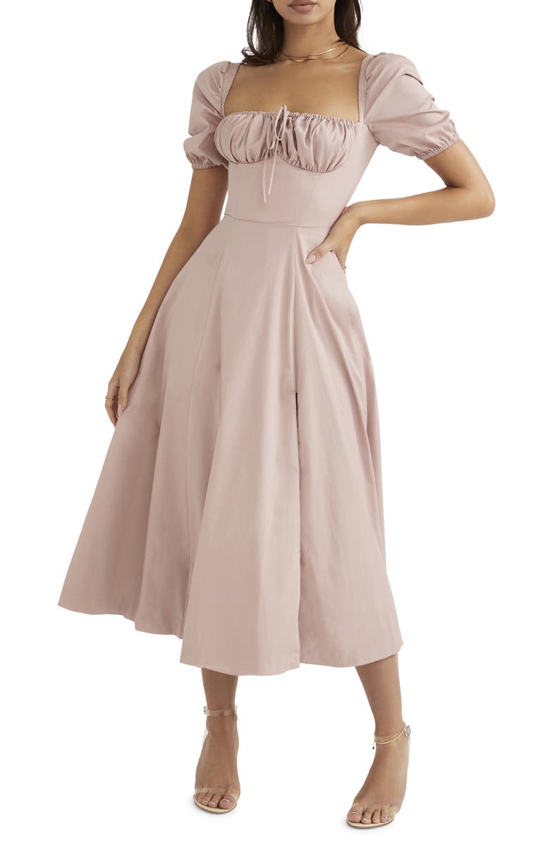 HOUSE OF CB Tallulah Puff Sleeve Midi Dress, Main, color, Pink